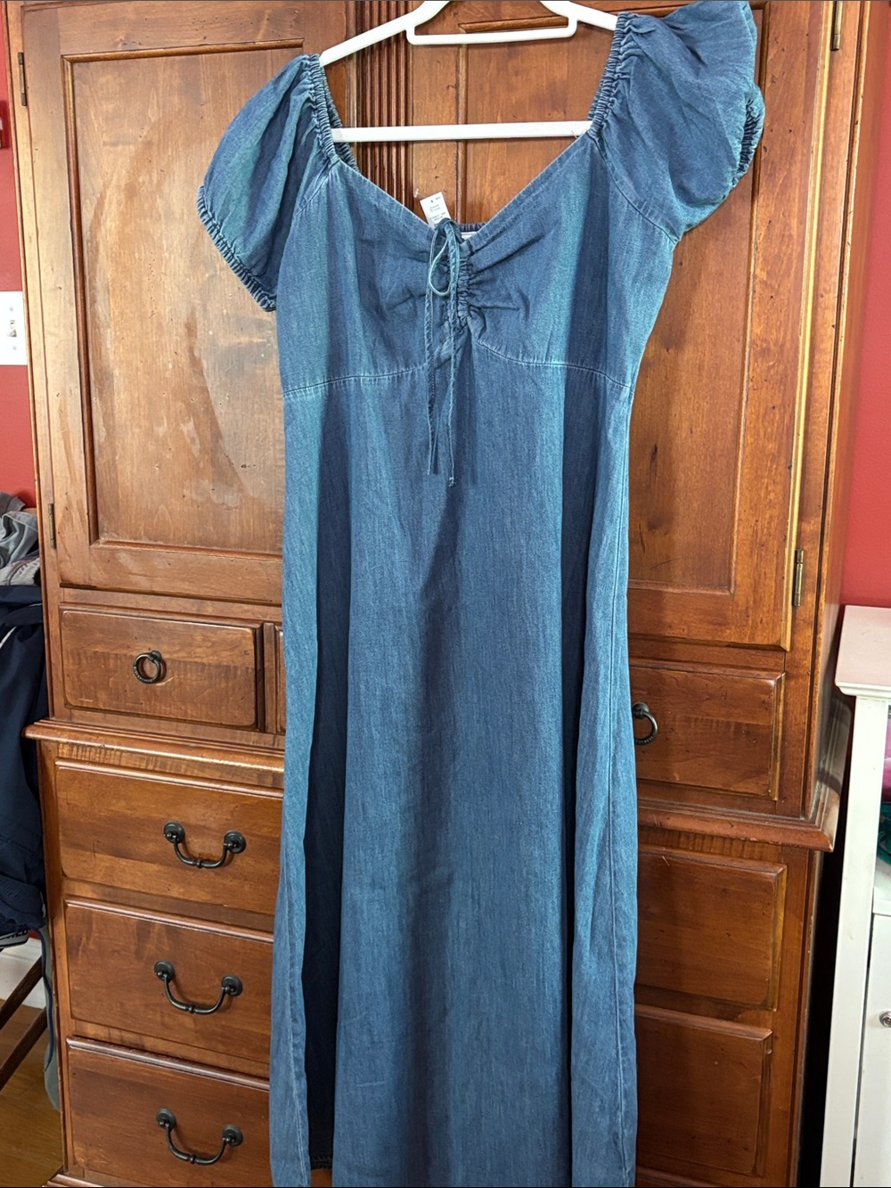 NEW GAP Blue Denim Puff-Sleeve Midi Dress with tie- Up Front
